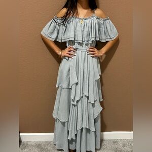 Joyfolie Blue Off-Shoulder Flutter Sleeve Maxi Dress